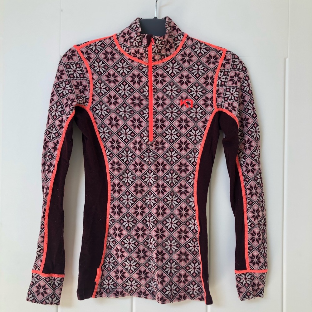 Kari Traa Pink and Dark Wine Patterned Half-Zip Base Layer